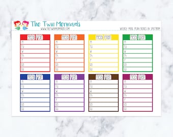 以下が含まれることがあります： さまざまな色の「Meal Plan」というテキストが入った、カラフルなプランナーステッカーのシート。各ステッカーには、曜日ごとにボックスがあり、曜日は省略されています。The Twin Mermaidsのロゴが上部にあります。