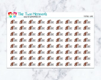 May include: A sheet of stickers with brown American footballs and the word "Game" printed on them. The stickers are arranged in a grid pattern. The text "The Twin Mermaids" and "FOOTBALL GAME" are also present.