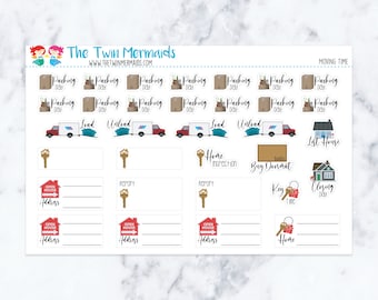 May include: A sheet of planner stickers with a moving theme. The stickers include illustrations of moving trucks, boxes, keys, and houses. Text includes "Packing Day", "Load", "Unload", "Home Inspection", and "Closing Day".