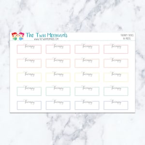 May include: A sheet of pastel-colored therapy box stickers. Each box is labeled "Therapy" in a cursive font. The sheet includes the text "The Twin Mermaids" and "Therapy Boxes in Pastel". The background is white.