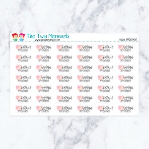 May include: Sheet of stickers with the text "OBGYN Appointment" in black script. Each sticker features a pink heart with a mermaid illustration. The Twin Mermaids logo is at the top.