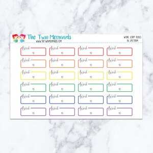 Puede incluir: Una hoja de pegatinas para planificador con cajas rectangulares en un espectro de arcoíris. Cada caja tiene la palabra "work" y el número "10". La esquina superior izquierda tiene el logotipo "The Twin Mermaids".