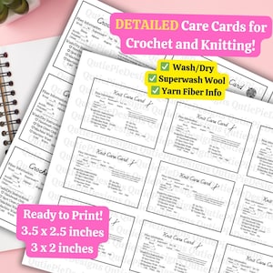 Puede incluir: Cartas de cuidado para tejer imprimibles con una lista de verificación para información sobre la fibra, instrucciones de lavado y secado, e información sobre la fibra del hilo. Las tarjetas están listas para imprimir en dos tamaños: 3,5 x 2,5 pulgadas y 3 x 2 pulgadas.