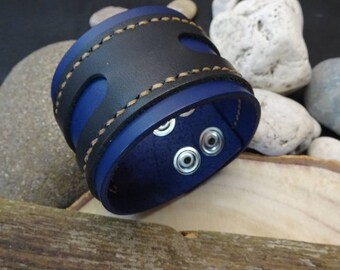 Blue and black Leather biker cuff, Leather rocker cuff, Men's leather cuff, Women's leather cuff bracelet