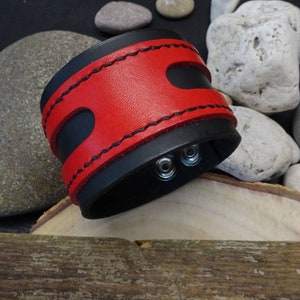 Black & red Leather biker cuff, Leather rocker cuff, Men's leather cuff, Women's leather cuff bracelet