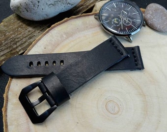 Black Leather Watch strap, Choice of Width, Choice color Buckle with quick-release spring bars, Italian Vegetable tanned Cowhide Leather