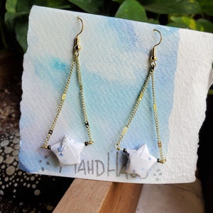 Lucky Star Origami Earrings (Gold Triangle White and Blue Stars)