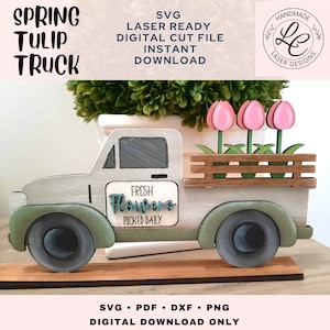 Camion de fleurs fleurs fraîches SVG | Fichier de camion de ferme | Garde d'étagères de printemps | Fichiers laser décoratifs pour plateaux SpringTiered | Téléchargement numérique d'été