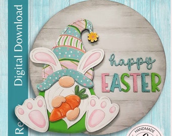 Easter Door Hanger SVG | Bunny Gnome Layered Front Door Sign SVG | Spring Happy Easter Laser Cut File | Glowforge Laser Cut File