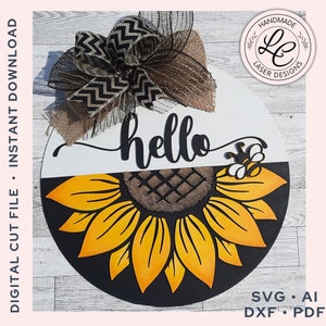 Girassol Porta Hanger SVG | Summer Bee Porta Placa SVG | Decoração de Porta de Verão | Arquivo de Corte a Laser Glowforge