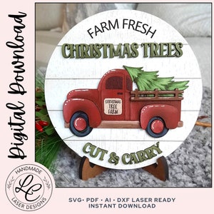 Fichier SVG de Noël vintage camion à plusieurs niveaux | Ferme arbre de Noël camion étagère sitter SVG | enseigne de Noël | Lime de découpe laser Glowforge