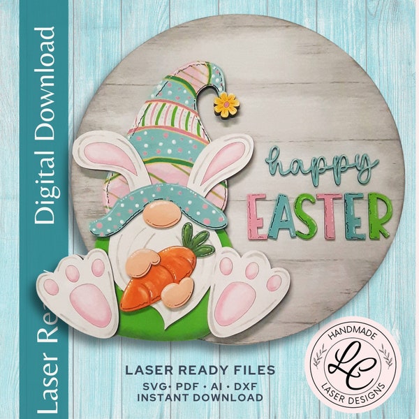 Easter Door Hanger SVG | Bunny Gnome Layered Front Door Sign SVG | Spring Happy Easter Laser Cut File | Glowforge Laser Cut File