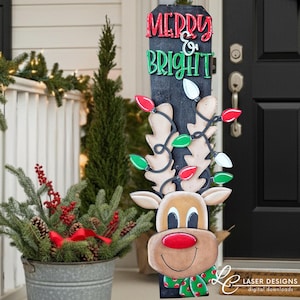 Reindeer Porch Leaner SVG | Christmas Porch Board Laser Files | Layered Porch Sign Laser Cut File | Merry and Bright SVG Digital Download