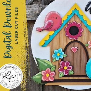 Cabide de porta de casa de pássaro de primavera SVG | Cabide de porta de pássaros SVG | Cabide de porta de primavera e verão | Decoração de Páscoa | Arquivo de corte a laser Glowforge