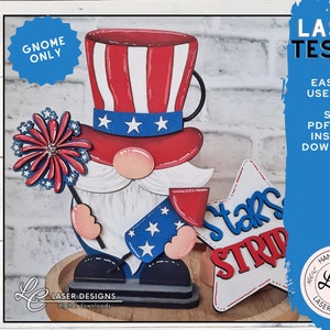Gnome SVG du 4 juillet | Fichiers laser décoratifs pour plateau à plusieurs niveaux patriotiques | Lime laser Gnome | Garde d'enfants aux États-Unis | Téléchargement numérique d'été