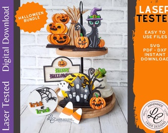 Halloween-bundel | Spookhuis, zwarte kat, gelaagd dienbladdecor herfst | Laser-svg-bestanden | Plankendragers | Digitale download | Glowforge