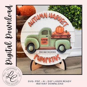 Pumpkin Truck Sign SVG | Fall Farmhouse Truck File | Fall Shelf Sitter | Fall Tiered Tray Decor Laser Files | Digital Download for Lasers