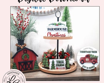 May include: A tiered tray with farmhouse Christmas decor. Includes a red barn, a sign that says "Farmhouse Christmas", a sign that says "Tree Farm", and a red truck carrying a Christmas tree. The image also includes a vase with red berries.