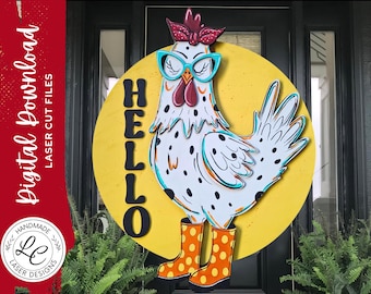 Funny Chicken Door Hanger SVG | Quirky Hen Welcome Sign Laser Cut File | Farmhouse Chicken Decor | Layered SVG Digital Download