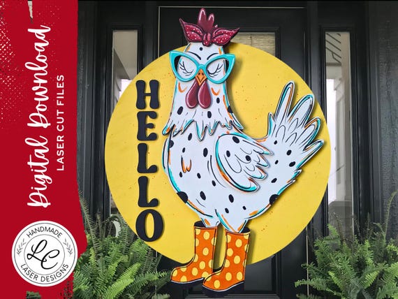 Funny Chicken Door Hanger SVG | Quirky Hen Welcome Sign Laser Cut File | Farmhouse Chicken Decor | Layered SVG Digital Download