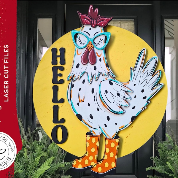 Funny Chicken Door Hanger SVG | Quirky Hen Welcome Sign Laser Cut File | Farmhouse Chicken Decor | Layered SVG Digital Download