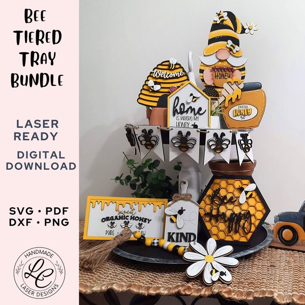 Bee Tiered Tray Bundle SVG | Bee Summer Tiered Tray Decor Laser Files | Bee Gnome | Honey Truck SVG | Spring Summer Digital Download