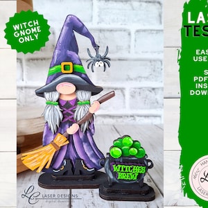 May include: A purple and green witch gnome with a broom and cauldron. The gnome is wearing a witch hat and has long white hair. The cauldron is filled with green potion and has the text "Witches Brew" on it. The gnome is standing on a wooden base. The image is labeled "Laser Tested Digital Download".