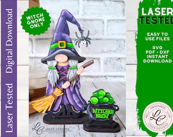 Witch Halloween Gnome SVG | Fall Tiered Tray Decor Laser Files | Fall Gnome Laser File | Fall Witch Shelf Sitter | Fall Digital Download