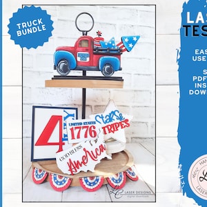 Lot de camions patriotique | Décor de plateau à plusieurs niveaux du 4 juillet | Fichiers laser | Jour de l'indépendance SVG | Garde d'étagères | Téléchargement numérique d'été aux États-Unis