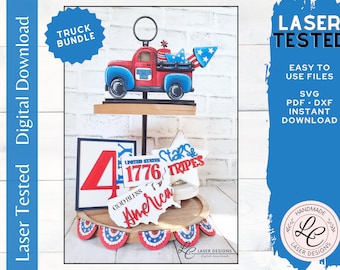 Patriotic Truck Bundle | 4th of July Tiered Tray Decor | Laser Files | Independence Day SVG | Shelf Sitter | USA Summer Digital Download