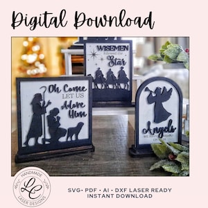 Christmas Religious Tiered Tray SVG File |Shepherds, Wisemen, Angel Shelf Sitter SVG | Christian Decor | Glowforge Laser Cut File