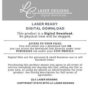 May include: A digital download product announcement with the text "LASER DESIGNS digital downloads." The text also states the product is a digital download and no physical item will be shipped. Includes information about accessing files and usage terms.