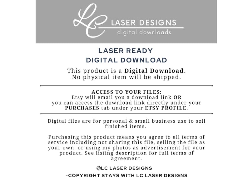 May include: A digital download product announcement with the text "LASER DESIGNS digital downloads." The text also states the product is a digital download and no physical item will be shipped. Includes information about accessing files and usage terms.