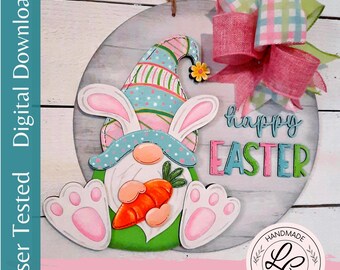 Easter Gnome Door Hanger SVG | Bunny Gnome Layered Front Door Sign SVG | Spring Happy Easter Laser Cut File | Easter, Spring, Laser SVG