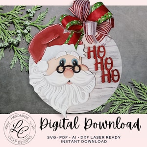 Accroche-porte visage père Noël SVG | Accroche-porte Noël SVG | Décoration de Noël | Lime de découpe laser Glowforge
