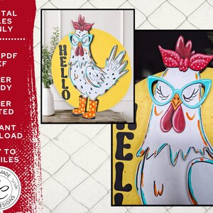 May include: A whimsical, hand-painted chicken design with a red bow, turquoise glasses, and orange boots. The chicken is set against a yellow background with the word "HELLO" in black. The image also includes text that says "DIGITAL FILES ONLY".