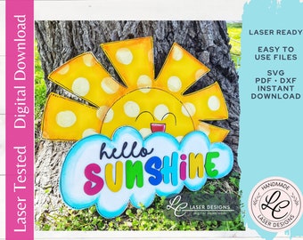 Hello Sunshine Summer Door Hanger SVG | Spring, Summer Layered Front Door Sign SVG |  Cute Sun, Cloud, Sunshine Laser Cut File | Laser SVG