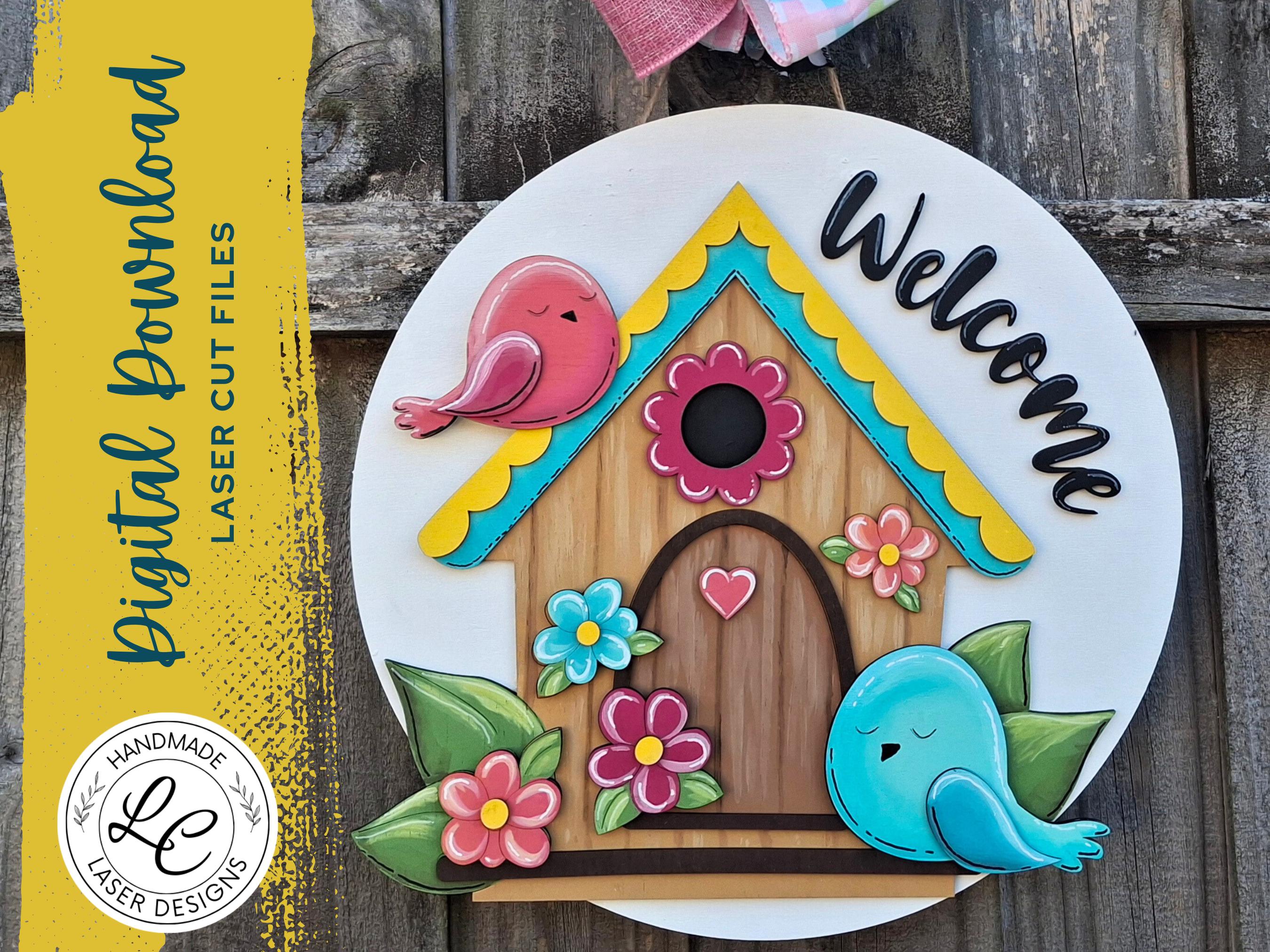 Spring Bird House Door Hanger SVG | Birds Door Hanger SVG | Spring, Summer Door Hanger | Easter Decor | Glowforge Laser Cut File