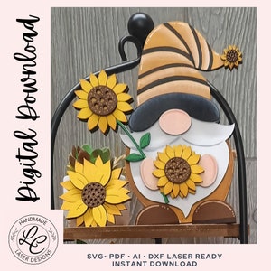 Sunflower Gnome SVG | Summer Fall Tiered Tray Decor Laser Files | Sunflower Gnome Laser File | Shelf Sitter | Summer Digital Download