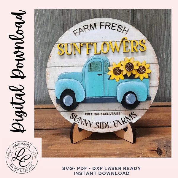 Sunflower Truck Sign SVG | Farmhouse Sunflower Truck File | Summer or Fall Shelf Sitter | Tiered Tray Decor Laser Files | Digital Download