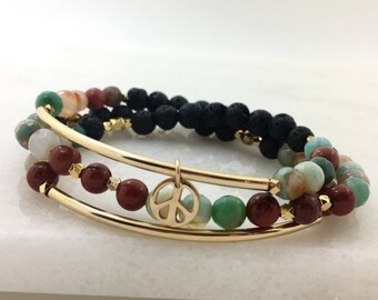 Peace Turquoise Agate & Red Jasper Gold Wrap Bracelet