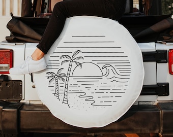 Beach Scene Tire Cover With Palm Trees and Waves | Compatible with All Spare Tires - Fits Jeep, Broncos, Campers, RVs, Honda, and More