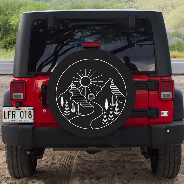 Funda para neumáticos JL con diseño de montaña y cámara de respaldo, diseño de montañas y sol naciente. Compatible con Jeep, Broncos, autocaravanas, vehículos recreativos, Honda y más.