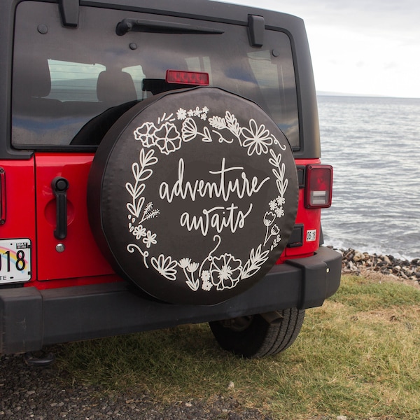 Adventure Awaits Floral Tire Cover, Floral Wreath Design, Tire Cover with Quote Compatible with Jeep, Bronco, Honda, Campers, RVs, and More