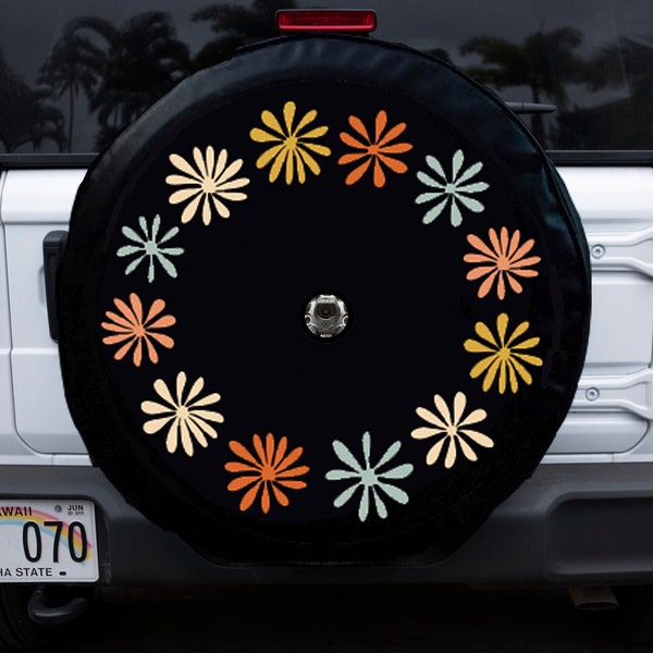 Retro Floral Tire Cover with Backup Camera, Colored Floral Wreath Tire Cover Fits Jeep, Broncos, Campers, RVs, Honda, and More