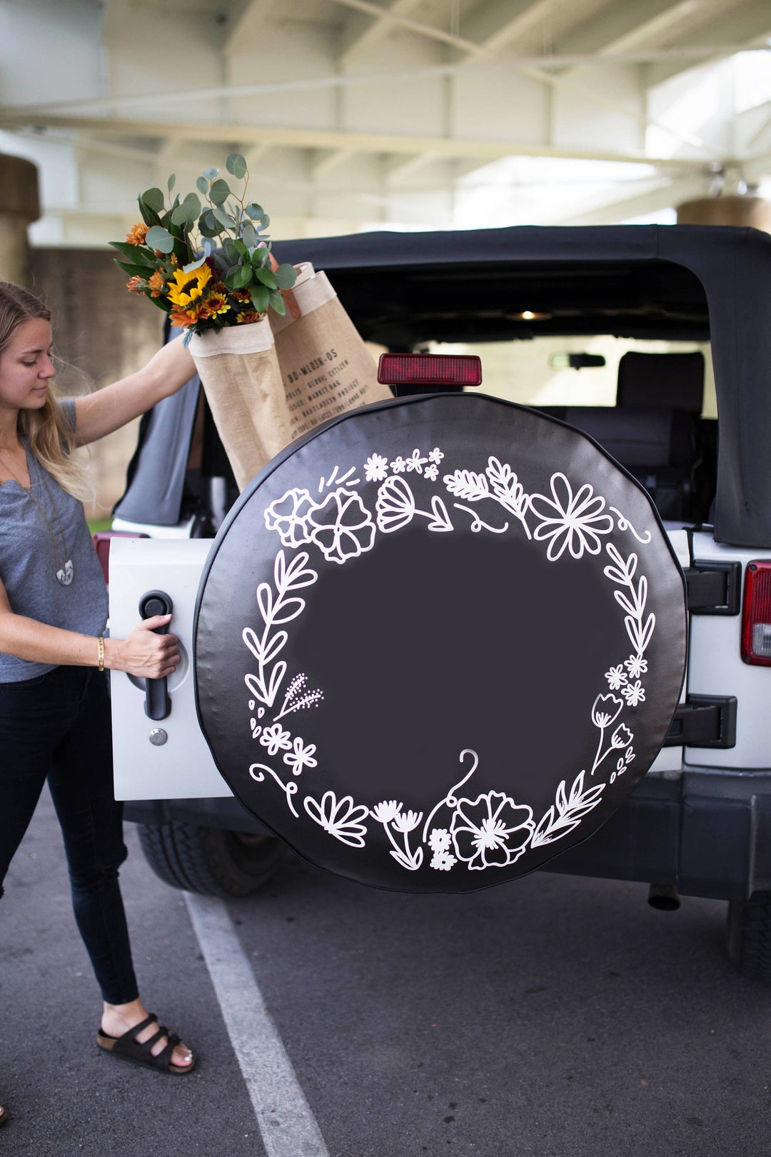 Floral Wreath Spare Tire Cover, Vinyl Tire Cover, Spare Tire Cover
