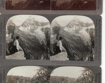 Lote de (3) Canadá, Cataratas del Niágara, Monte Sir Donald, Huerto de manzanos. Fotografías estereoscópicas.