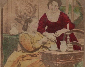 1800's A Cup of Tea.  Tinted Stereoview Photo