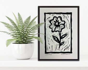 Hand-Pulled Linocut Flower Print | Botanical Relief Art (8" x 10")
