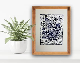 Luna Moth Linocut Print, Indigo Botanical Wall Art, Hand-Carved Nature Decor